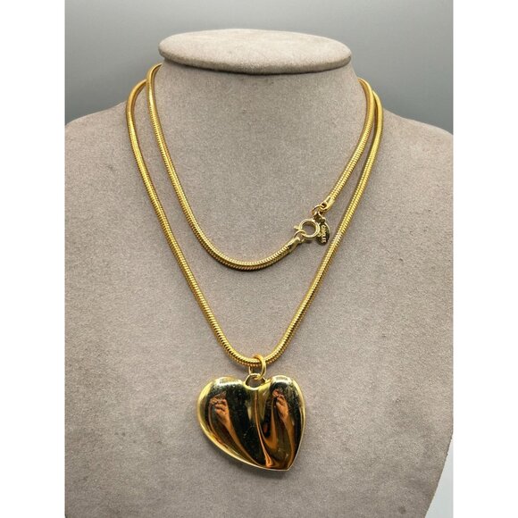 Vintage Carolee Heart Necklace 90s Long Snake Coil Chain Gold Tone Love Pendant - Picture 6 of 8